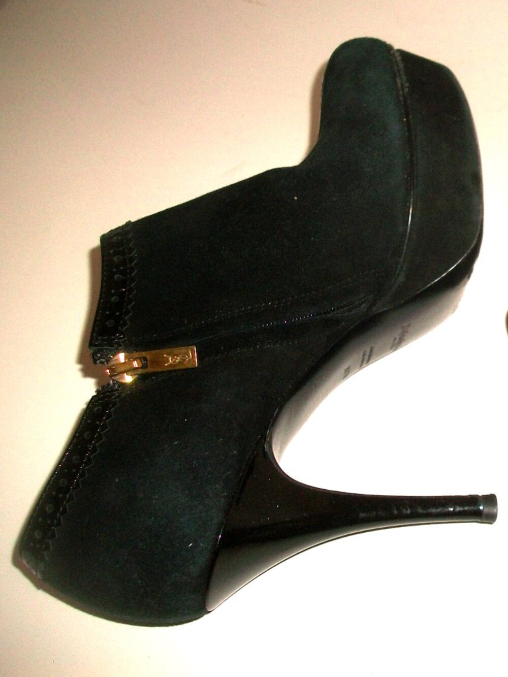 Yves St. Laurent YSL Black Suede High Heel Platform Boots w Patent Detail